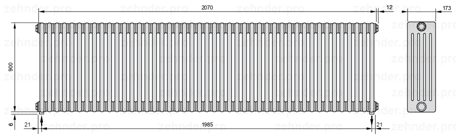 Схема (чертеж) Радиатор Zehnder Charleston 5090/45 №3570 Белый глянцевый RAL 9016